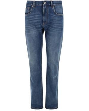 Versace Denim Elastane Cotton Calf Leather Jeans - Blue