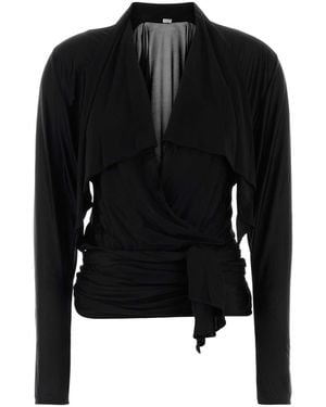 Balmain Ls Open Neck Draped Viscose Jersey Top - Black