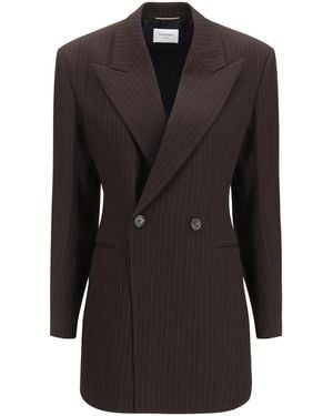 Saint Laurent Double-Breasted Pinstripe Mélange Wool Jacket - Black