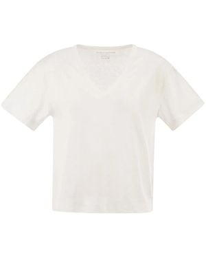 Majestic Stretch Linen T-Shirt With V-Neck - White