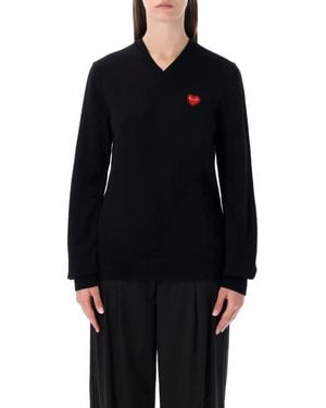 COMME DES GARÇONS PLAY Wool V-Neck Jumper With Heart And Crystals - Black