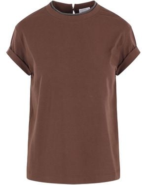 Brunello Cucinelli Stretch Cotton Jersey T-Shirt With Precious Faux Layering - Brown