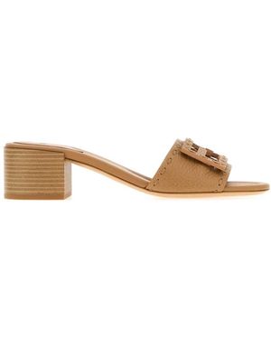 Fendi Leather Baguette Mules - Natural