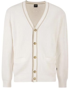 BOSS Ribbed Cotton Cardigan With Contrast Buttons - White