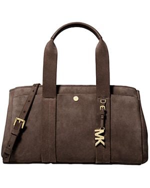 Michael Kors Romee Small Suede Satchel With Glossy Mk Logo - Brown