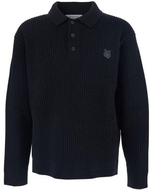 Maison Kitsuné Fox Head Wool Ribbed Polo Jumper - Blue