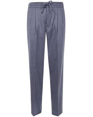 Brunello Cucinelli Wool Flannel Leisure Fit Trousers With Drawstring And Double Pleats - Blue
