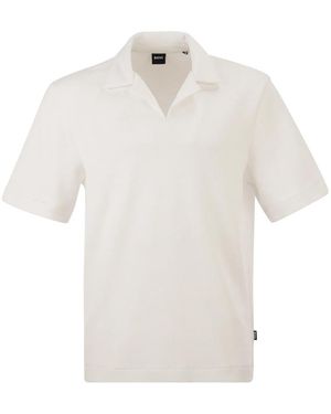 BOSS Textured Cotton Polo Shirt With Open Collar - White
