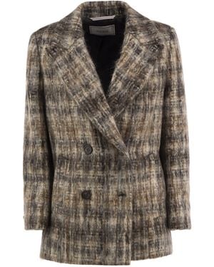 Peserico Double-Breasted Mohair-Blend Checked Blazer - Brown