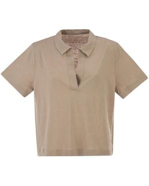 Majestic Cropped Linen Stretch Polo With V-Neck - Grey