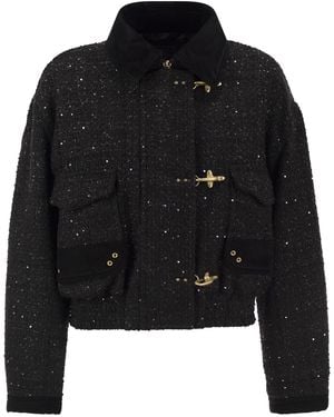 Fay Cropped Tweed Jacket With Sequins And Hooks - Black