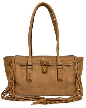 Michael Kors Hamilton Moderne Small Suede Logo Satchel With Fringes - Multicolor