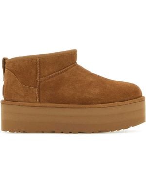 UGG Chestnut Suede Leather Classic Ultra Mini Platform Boots - Brown