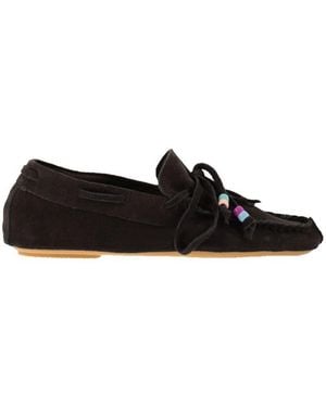 Anniel Suede Loafers With Fringes And Decorative Laces - Black