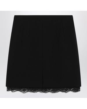 Dolce & Gabbana Double Wool Crepe Mini Skirt With Lace Trim And Front Slit - Black