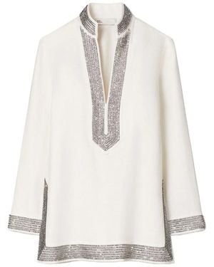 Tory Burch Linen Crystal Embellished Tunic - White