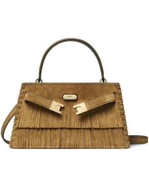 Tory Burch "Lee Radziwill" Petite Suede Fringe Mini Top Handle - Metallic