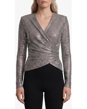 Self-Portrait Self Portrait Rhinestone Mesh Wrap Top - Grey