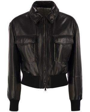 Brunello Cucinelli Leather Bomber Jacket With Jewelry - Black