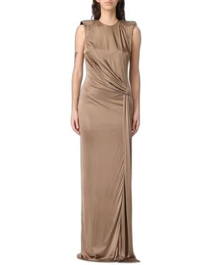 Elisabetta Franchi Carpet Shiny Viscose Jersey Long Dress With Side Slit - Natural