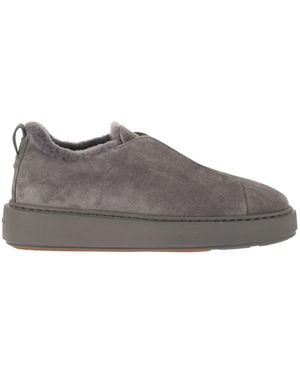 Santoni Slip-On Suede Sneakers With Fur - Gray