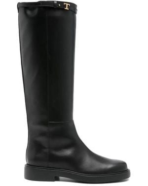 Tod's T-Buckle Leather Knee-High Boots - Black