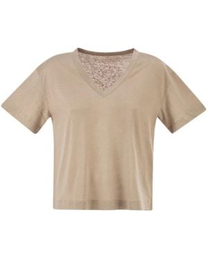 Majestic Stretch Linen T-Shirt With V-Neck - Natural
