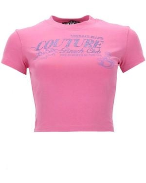 Versace Jeans Couture T-Shirt Con Logo Glitterato - Pink