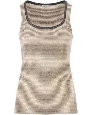 Brunello Cucinelli Linen Striped Crew Neck Top With Contrasting Trim And Necklace - Brown