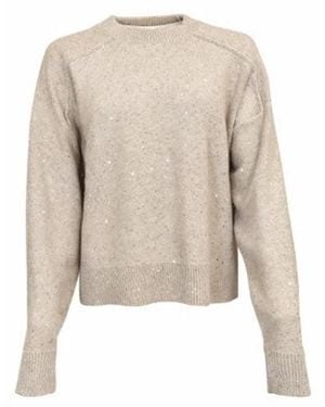 Antonelli Light Sequin Embellishment Round Neck Sweater - Natural