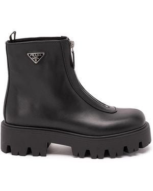 Prada Leather Zipper Booties - Black