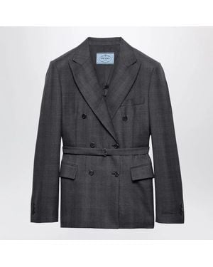 Prada Doublebreasted Wool Jacket With Check Pattern - Black