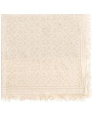 Tory Burch Monogram Wool And Silk Scarf - Natural