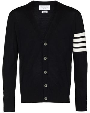 Thom Browne Cardigan Laine Mérinos Gris Chiné Col V Bandes Manche - Black