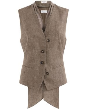 Brunello Cucinelli Sparkling Linen Gilet With Lavallière - Natural
