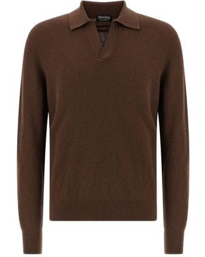 ZEGNA "Oasi" Cashmere Jacquard Polo - Brown