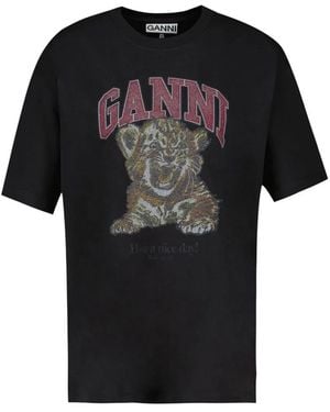 Ganni Heavy Cotton Jersey Tiger Caviar T-Shirt - Black