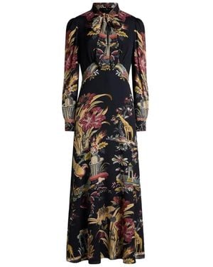 Etro Long Dress With Silk Scarf And Placed Flower And Animal Print - Black
