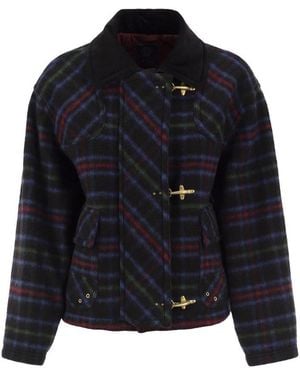 Fay Checked Wool-Blend Jacket With Hook Fastenings - Black