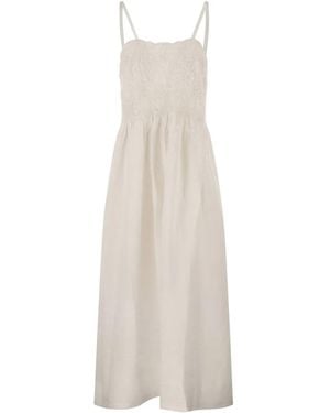 Maurizio Mykonos Long Linen Dress With Embroidered Bodice And Slim Straps - White