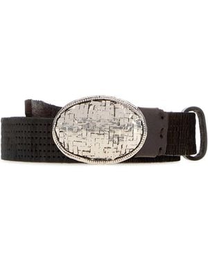 Brunello Cucinelli Dark Leather Belt With Antiqued Hardware - White