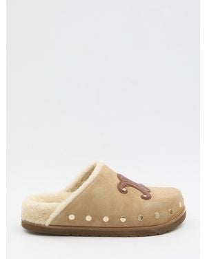 Celine Triomphe Wedge 15Mm Suede Leather Mules - Natural