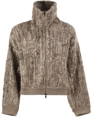 Brunello Cucinelli Cropped Mohair Blend Jacket With Sequins - Brown