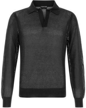 Tom Ford 18Gg Cotton Silk Mesh Ls Buttonless Polo - Black