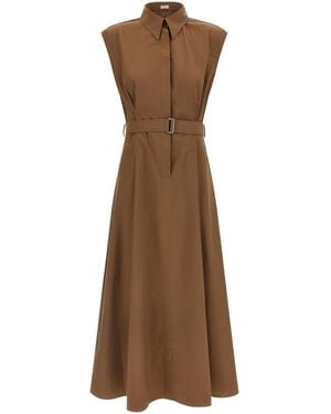 Brunello Cucinelli Long Sleeveless Cotton Dress With Belt - Brown