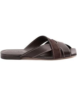 Tod's Flat Leather Sandals With Crossed Straps - Brown