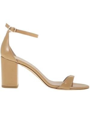 Stuart Weitzman Shiny Leather Sandals With Block Heel - Natural