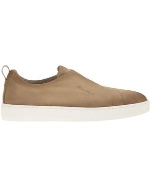 Santoni Suede Leather Slip-On Trainers With Rubber Sole - Brown