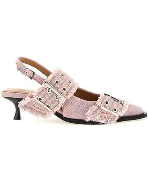 Ganni 'Feminine Buckle Fringed Denim' Slingback - Pink