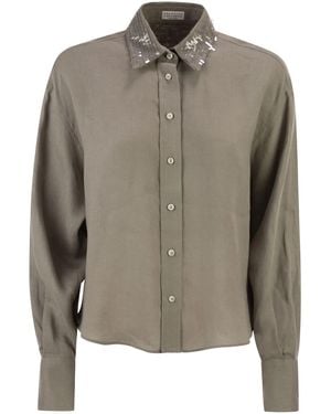 Brunello Cucinelli Linen Shirt With Sequin-Embroidered Collar - Green